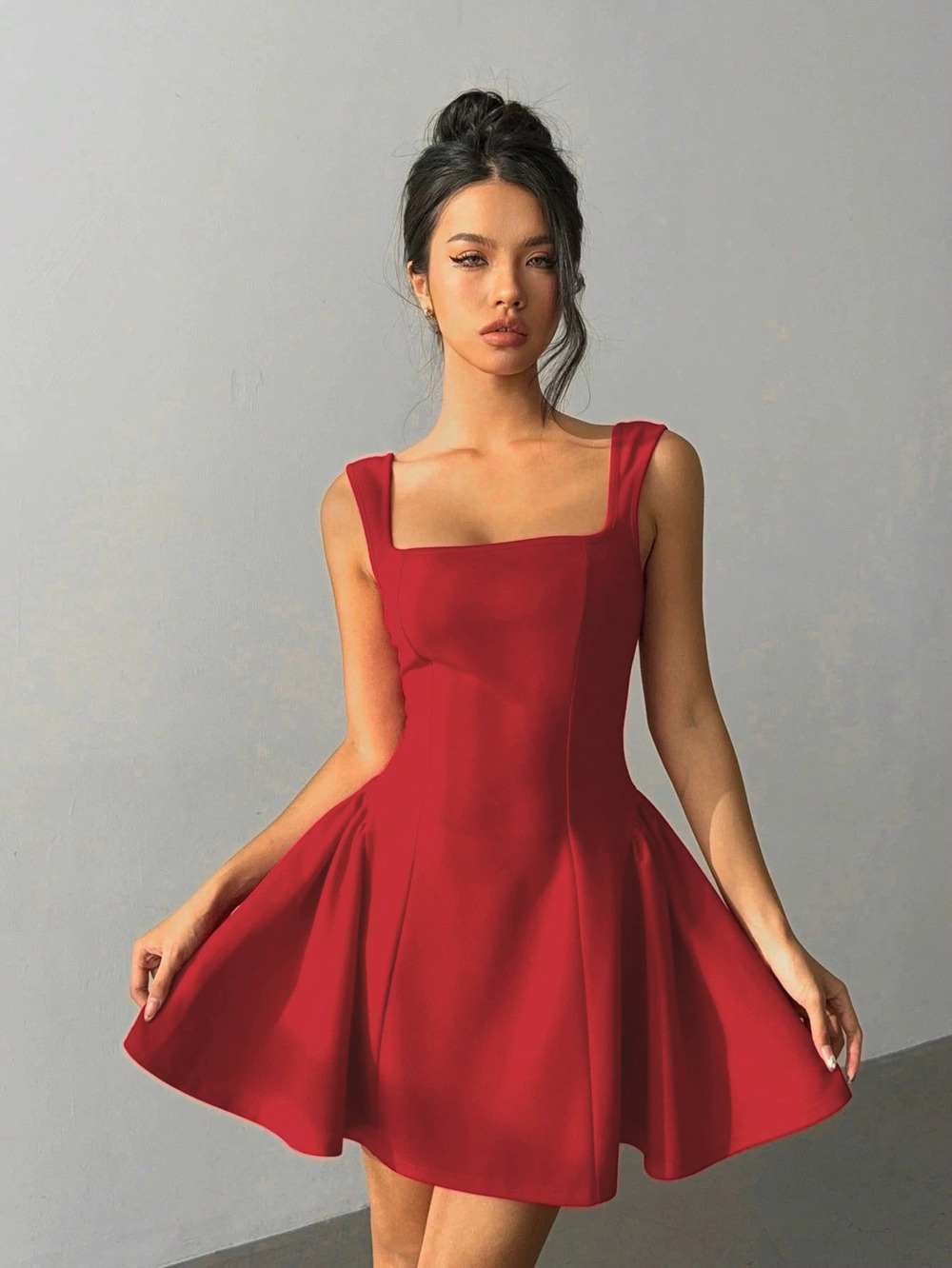 ZARA Red Square Neck Waist Open Back Sexy Slim Mini Dress Spring Summer